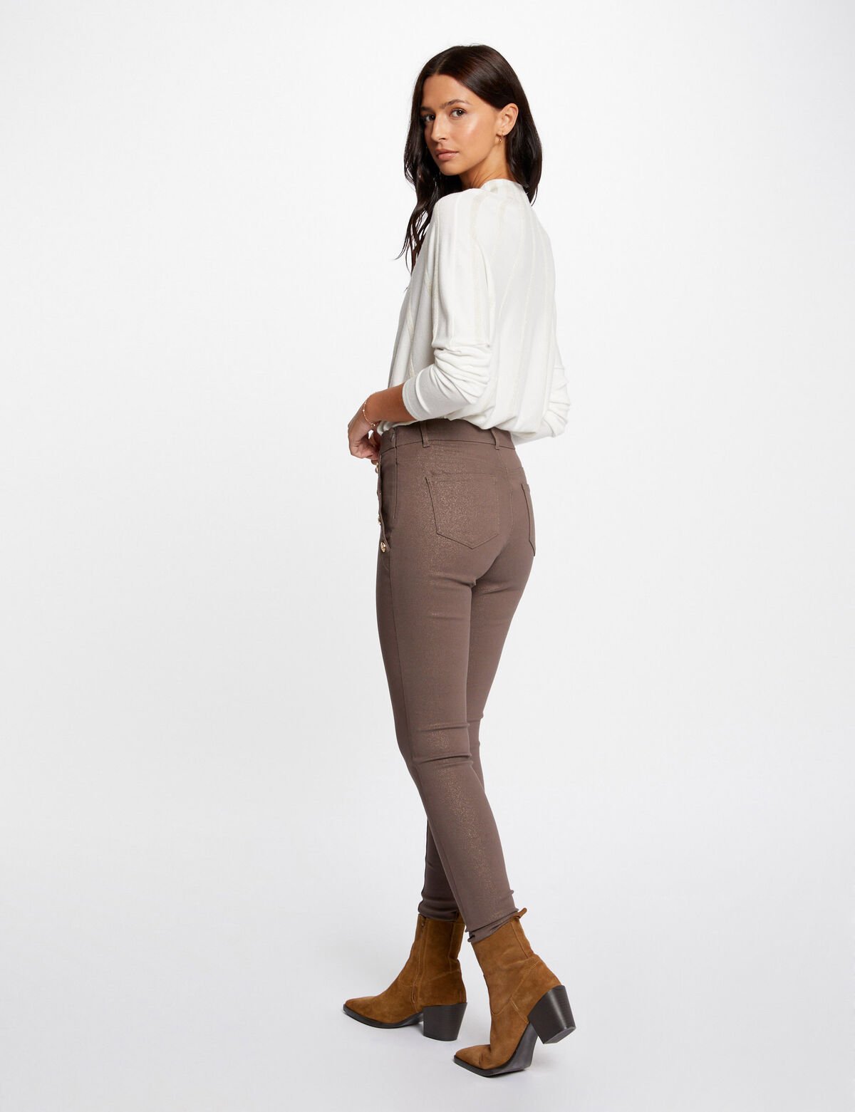 Pantalon skinny mojado con botones topo 232-POFY