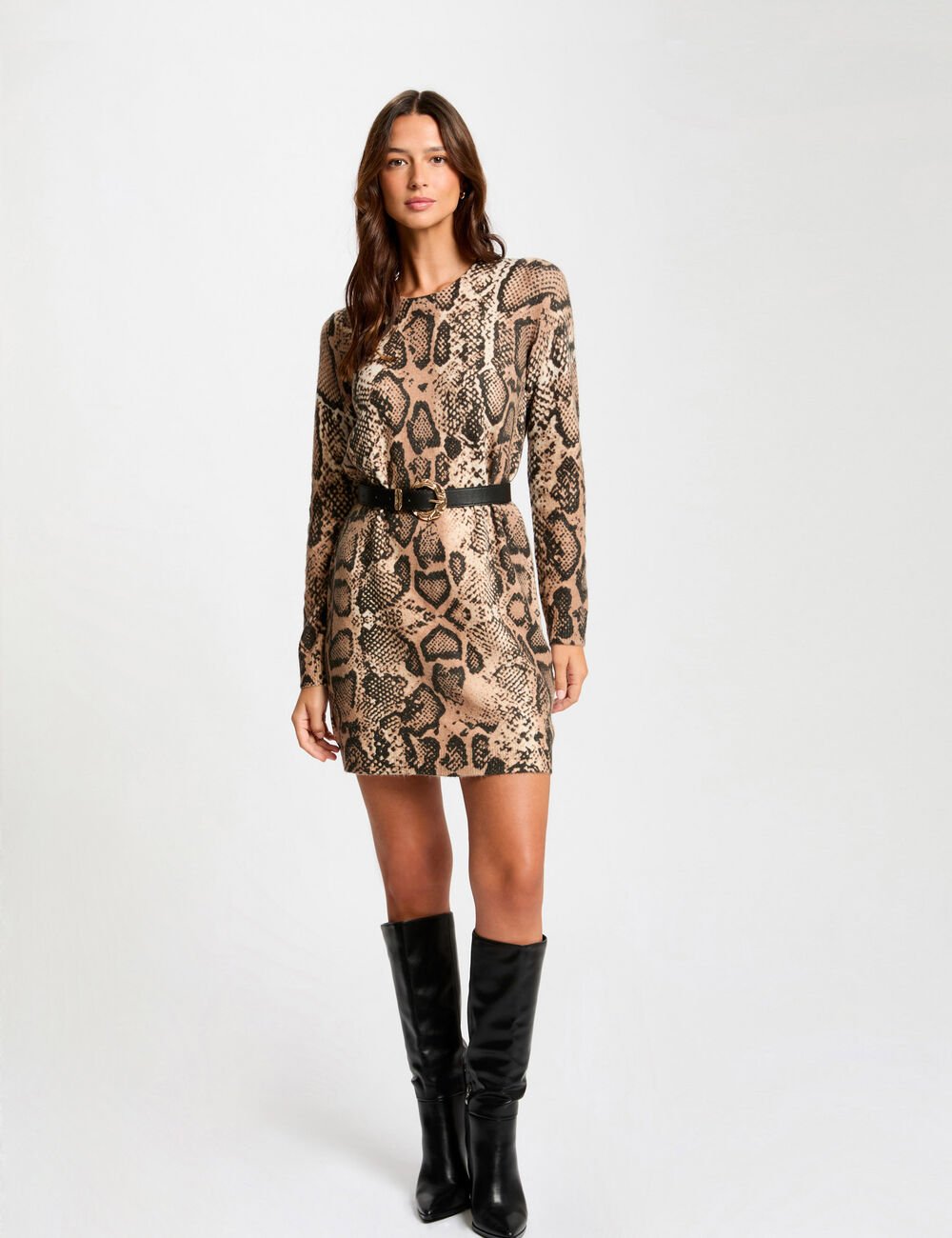 Vestido punto recto estampado beige 242-Rmebra