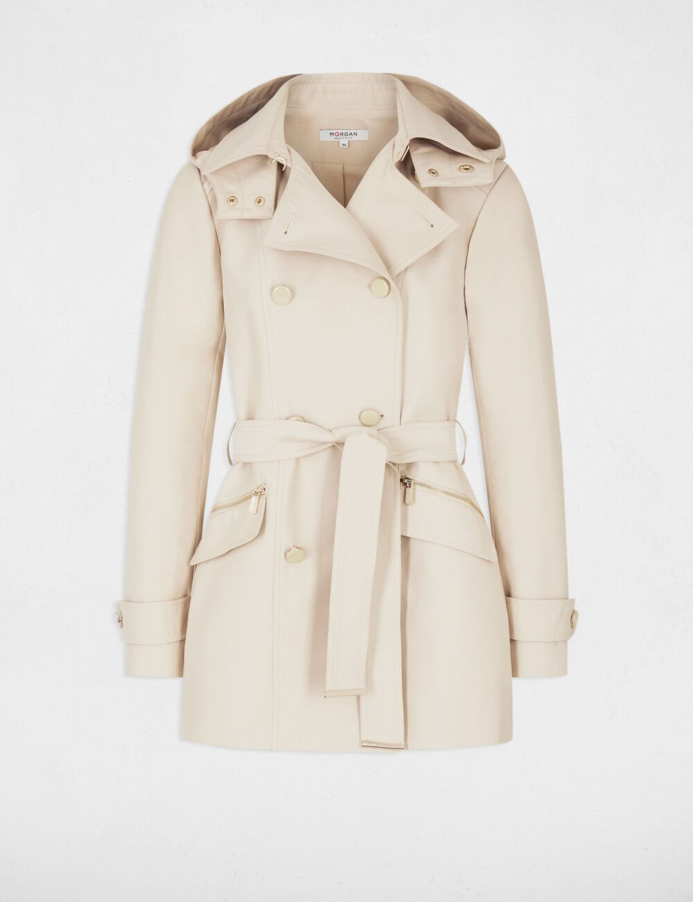 Gabardina entallada cinturón y capucha beige 241-Gladia
