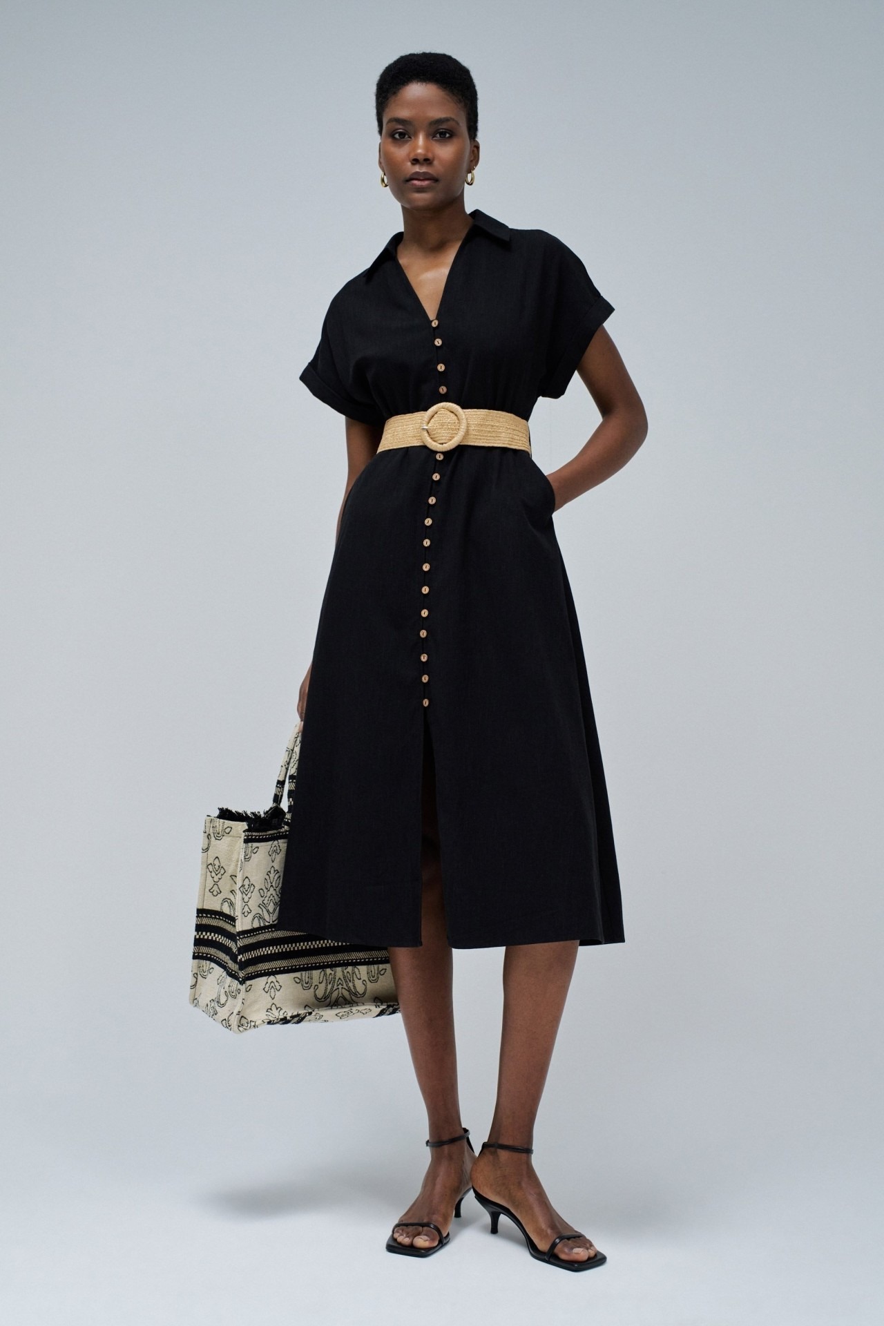 Vestido nego lino Midi 21009441