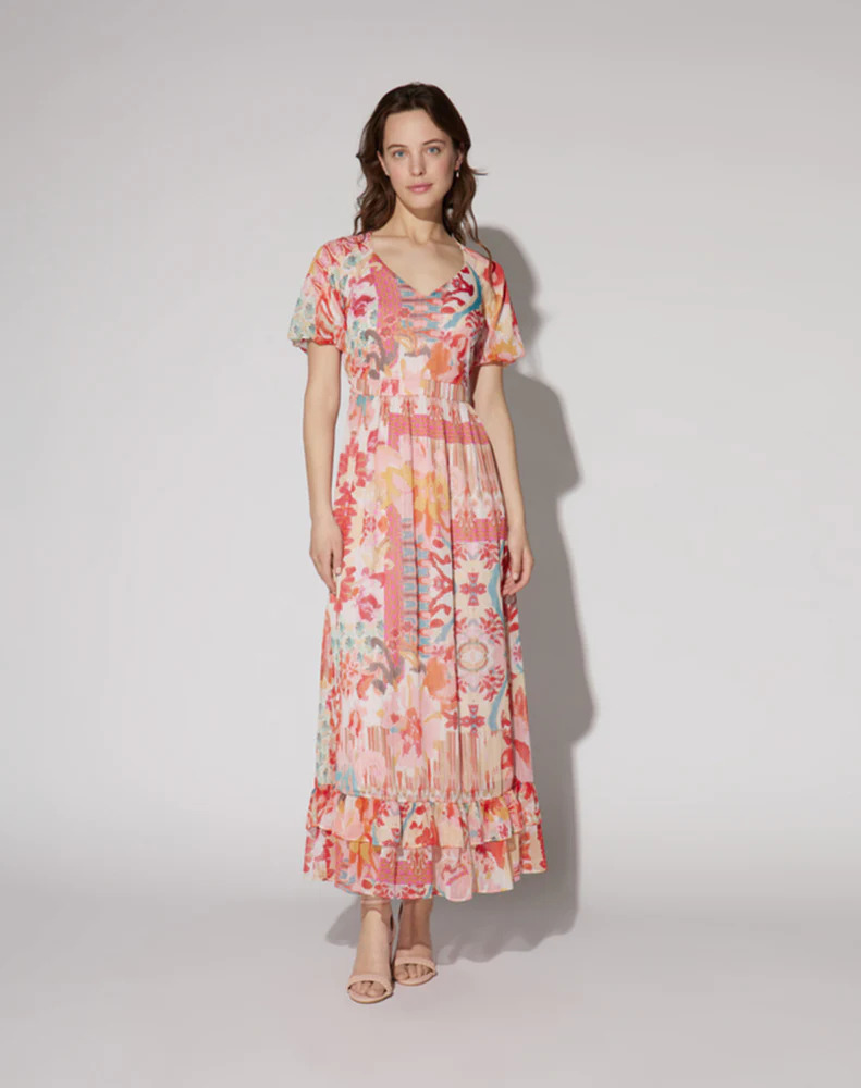 VESTIDO ESTAMPADO ÉTNICO COLOR CORAL Xenr42