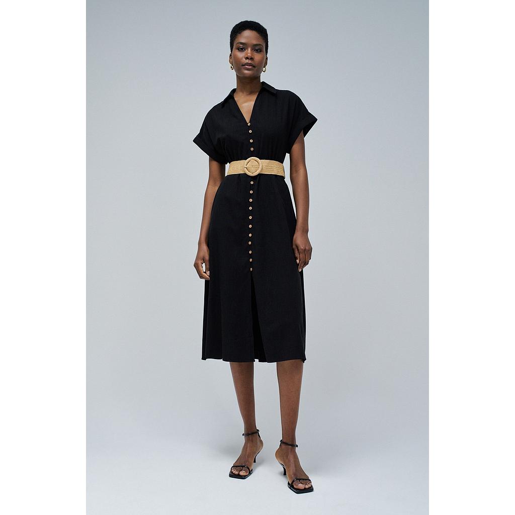 Vestido nego lino Midi 21009441