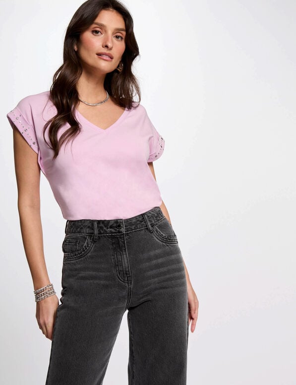 Camiseta manga corta tachuelas rosa pastel 252-Dglow