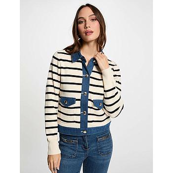 Cárdigan cuello solapa y rayas marfil 251-Mnaki